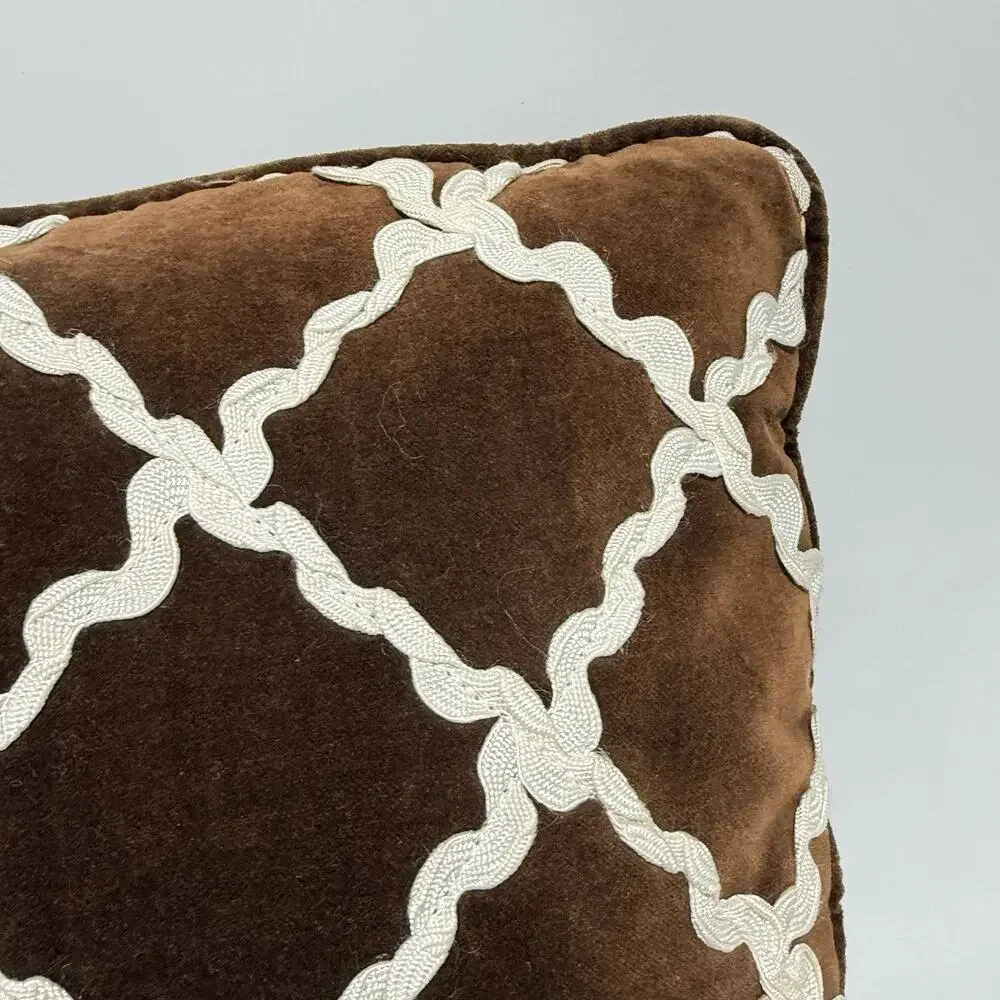 Vintage Brown Velvet White Bric a Brac Throw Accent Pillow 16